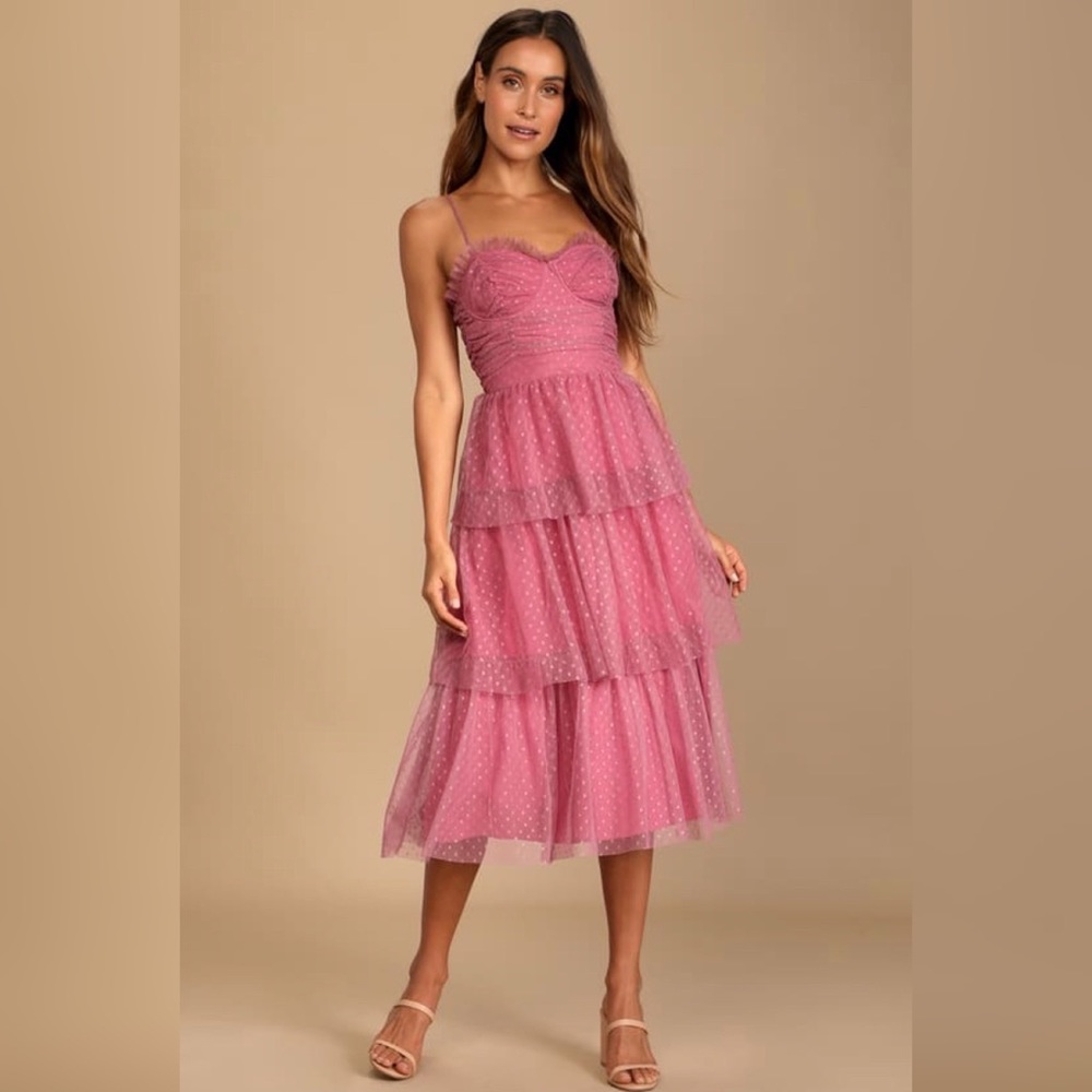LuLus Sweetheart Style Mauve Polka Dot Bustier Tiered Midi Dress - XS